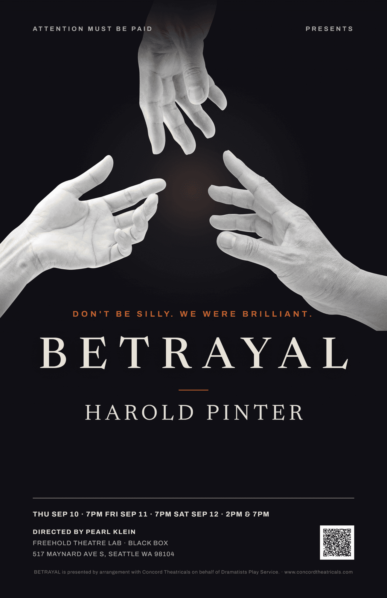 Poster for Betrayal by Harold Pinter — three hands reaching toward one another against a black field.